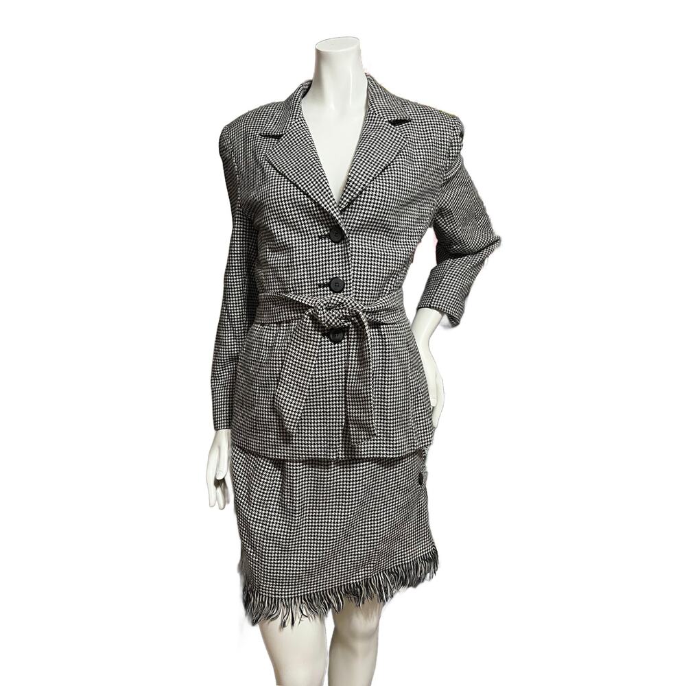 Pine Place Boutique Wool Houndstooth 2pc Belted Jacket and Frayed Skirt Set 6